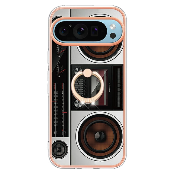 For Google Pixel 9 Pro XL Electroplating Dual-side IMD Phone Case with Ring Holder(Retro Radio)
