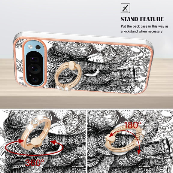 For Google Pixel 9 / 9 Pro Electroplating Dual-side IMD Phone Case with Ring Holder(Totem Elephant)
