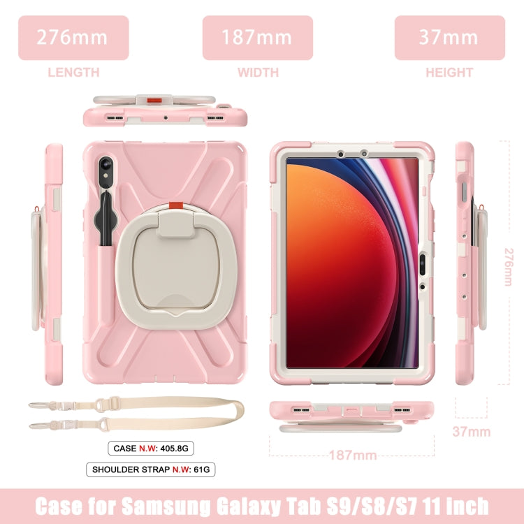 For Samsung Galaxy Tab S9 / S8 / S7 Silicone Hybrid PC Tablet Case with Holder & Shoulder Strap(Pink)