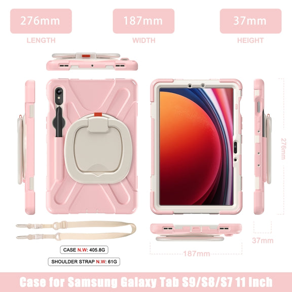 For Samsung Galaxy Tab S9 / S8 / S7 Silicone Hybrid PC Tablet Case with Holder & Shoulder Strap(Pink)