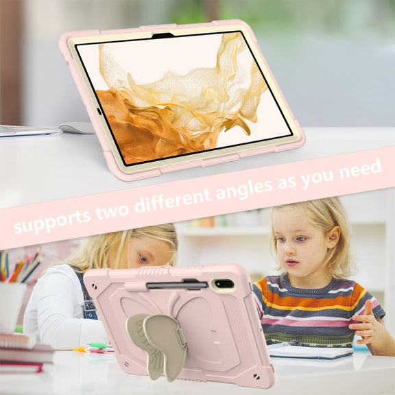 For Samsung Galaxy Tab S9 Butterfly Kickstand Heavy Duty Hard Rugged Tablet Case(Beige+Rose Pink)