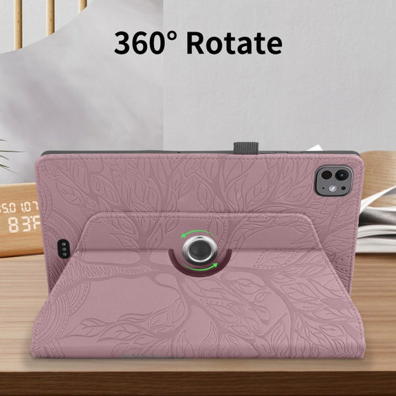 For iPad Pro 11 2024 Tree Life Embossed Rotation Leather Smart Tablet Case(Rose Gold)