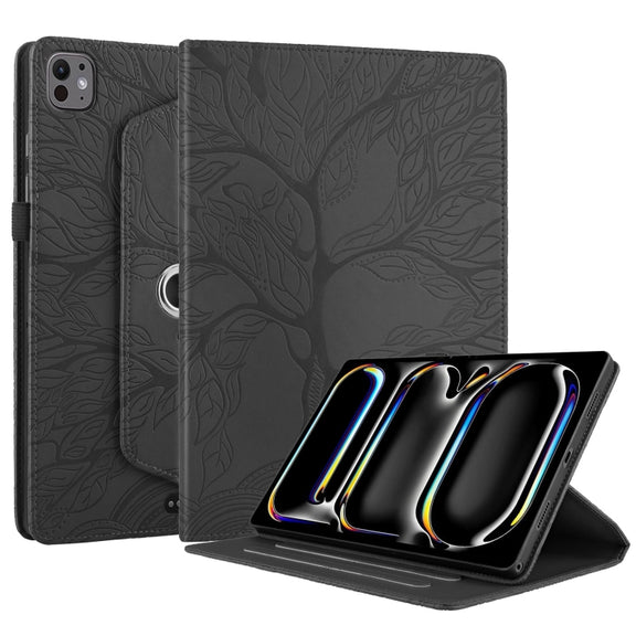 For iPad Pro 13 2024 Tree Life Embossed Rotation Leather Smart Tablet Case(Black)