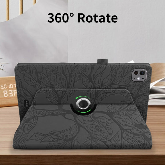 For iPad Pro 13 2024 Tree Life Embossed Rotation Leather Smart Tablet Case(Black)