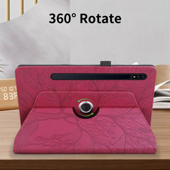 For Samsung Galaxy Tab S9 / S7 / S8 Tree Life Embossed Rotation Leather Tablet Case(Red)