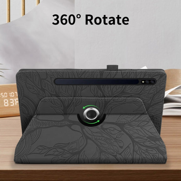 For Samsung Galaxy Tab S10 / S8 / S7 Tree Life Embossed Rotation Leather Tablet Case(Black)