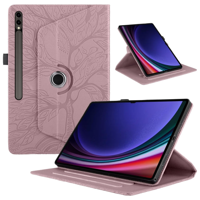 For Samsung Galaxy Tab S9 Ultra/S8 Ultra Tree Life Embossed Rotation Leather Tablet Case(Rose Gold)