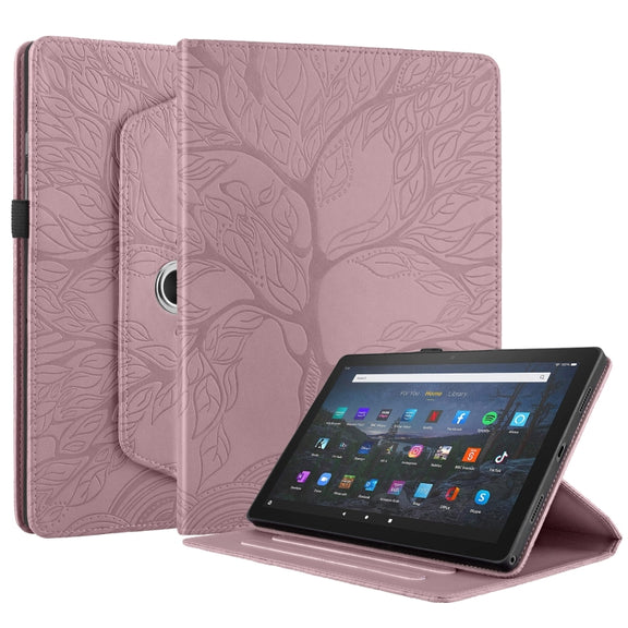 For Amazon Kindle Fire HD8 2022 / 2020 Tree Life Embossed Rotation Leather Tablet Case(Rose Gold)