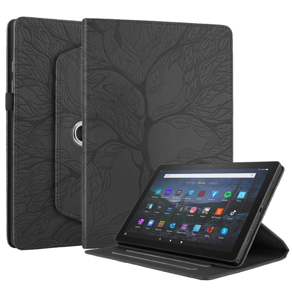 For Amazon Kindle Fire HD10 2021 Tree Life Embossed Rotation Leather Tablet Case(Black)