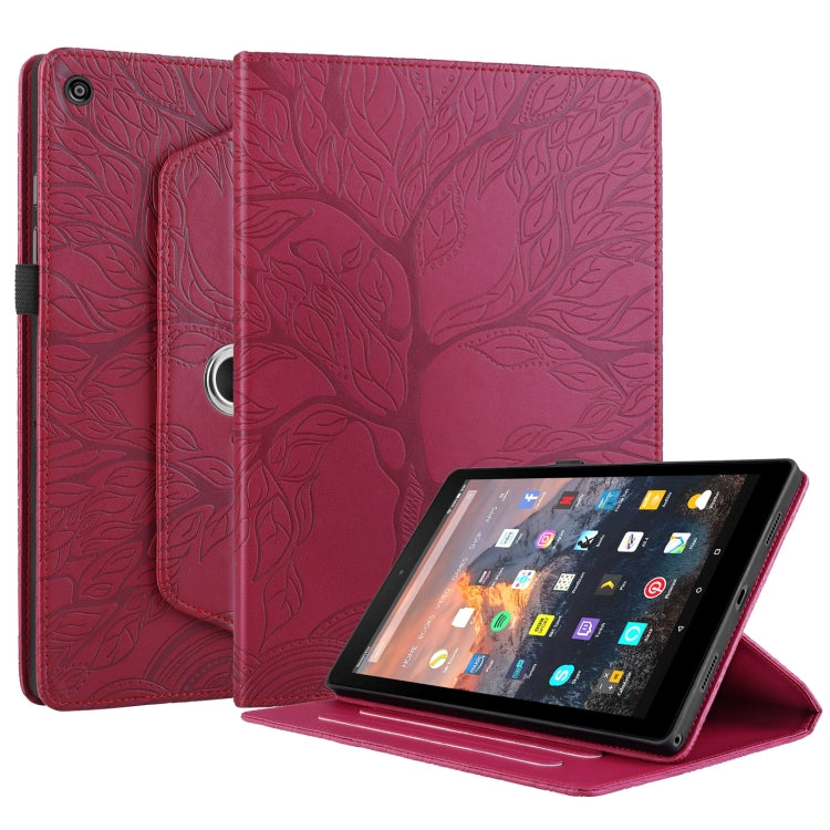 For Amazon Kindle Fire HD8 2015-2019 Tree Life Embossed Rotation Leather Tablet Case(Red)