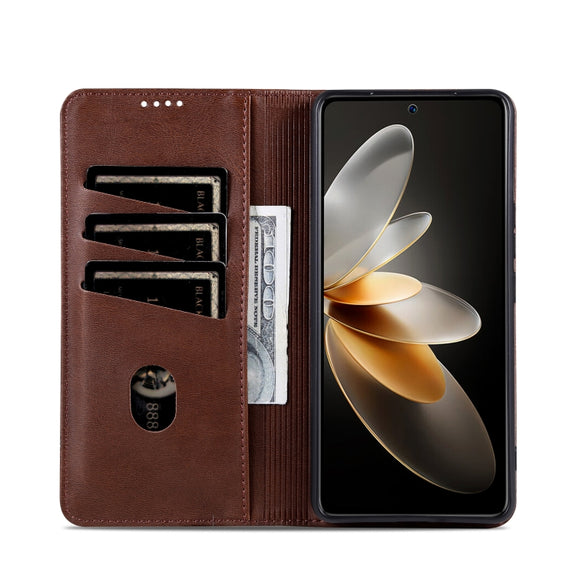 For OPPO Reno12 Pro Global AZNS Magnetic Calf Texture Flip Leather Phone Case(Dark Brown)