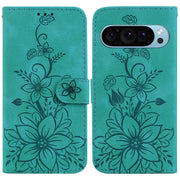 For Google Pixel 9 Pro Lily Embossed Leather Phone Case(Green)