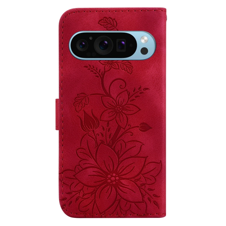 For Google Pixel 9 Pro Lily Embossed Leather Phone Case(Red)