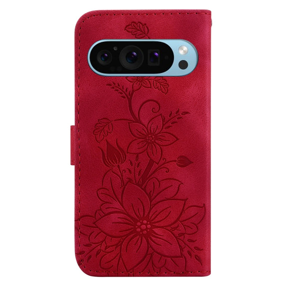 For Google Pixel 9 Pro Lily Embossed Leather Phone Case(Red)
