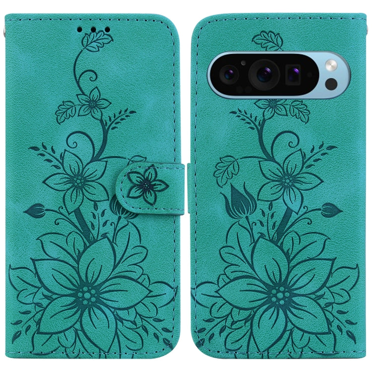 For Google Pixel 9 Lily Embossed Leather Phone Case(Green)