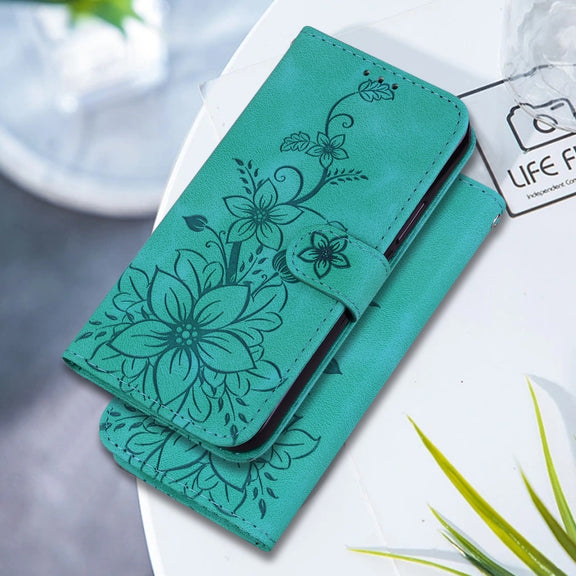 For Google Pixel 9 Lily Embossed Leather Phone Case(Green)
