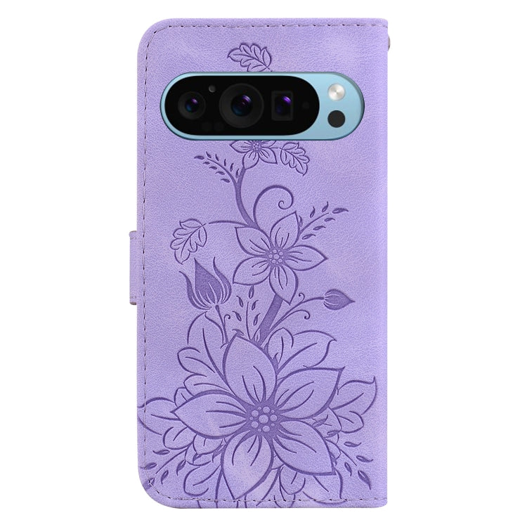 For Google Pixel 9 Lily Embossed Leather Phone Case(Purple)