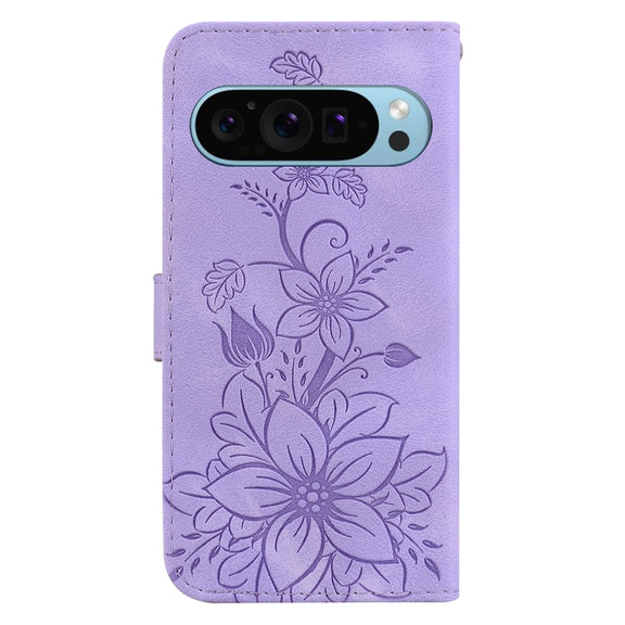 For Google Pixel 9 Lily Embossed Leather Phone Case(Purple)