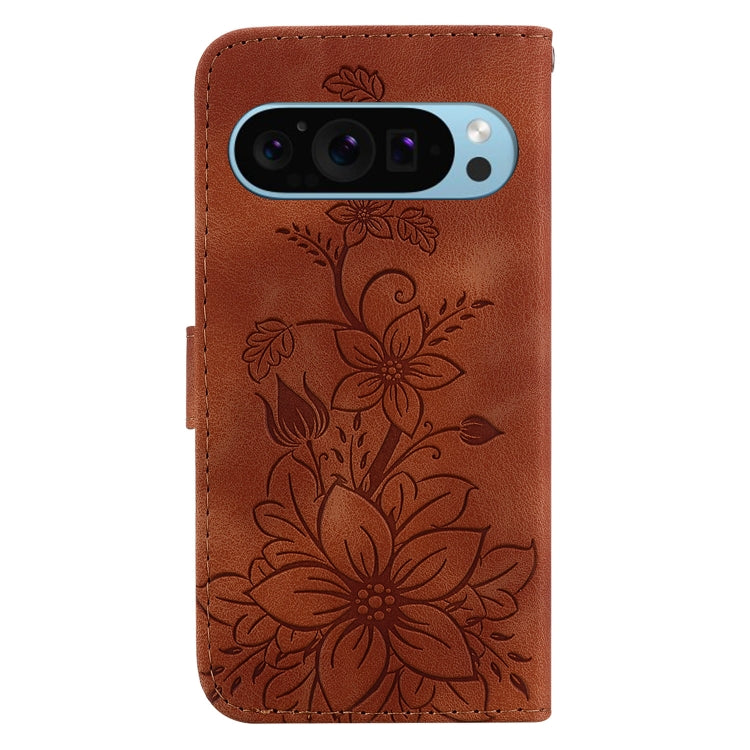For Google Pixel 9 Lily Embossed Leather Phone Case(Brown)