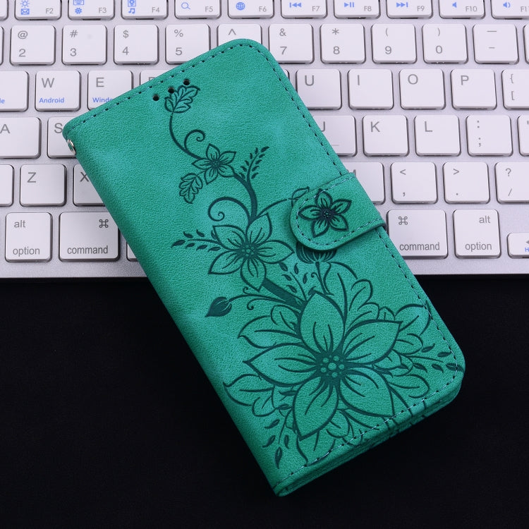 For iPhone 16e Lily Embossed Leather Phone Case(Green)