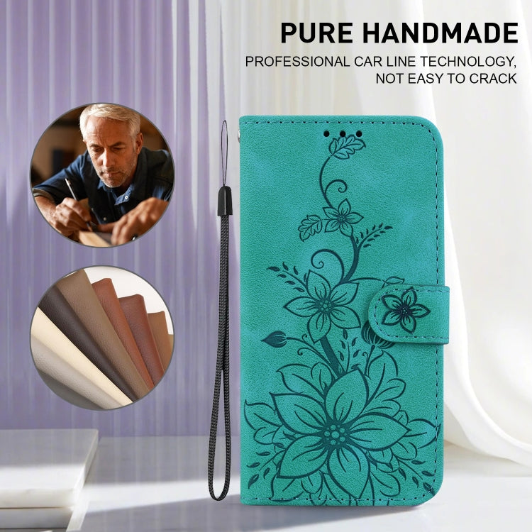 For iPhone 16e Lily Embossed Leather Phone Case(Green)