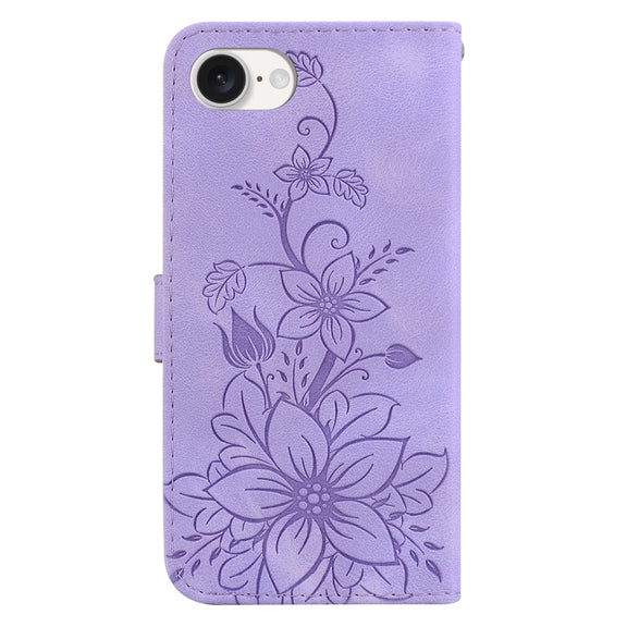 For iPhone 16e Lily Embossed Leather Phone Case(Purple)