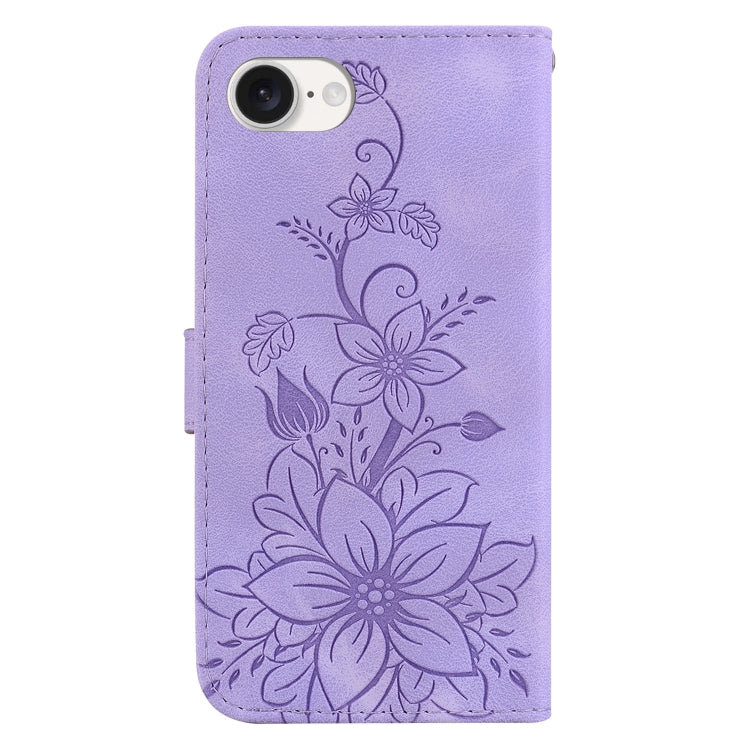 For iPhone 16e Lily Embossed Leather Phone Case(Purple)