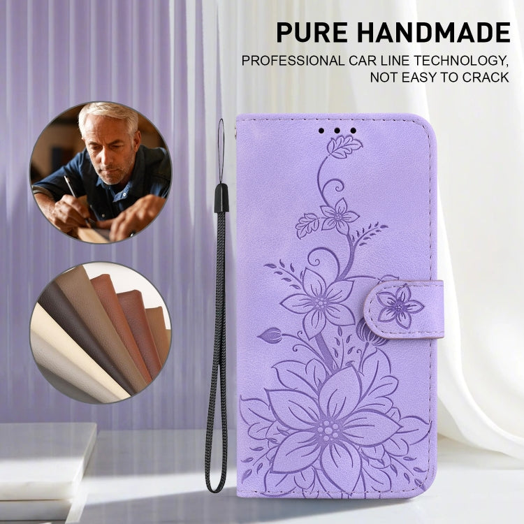 For iPhone 16e Lily Embossed Leather Phone Case(Purple)