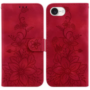 For iPhone 16e Lily Embossed Leather Phone Case(Red)