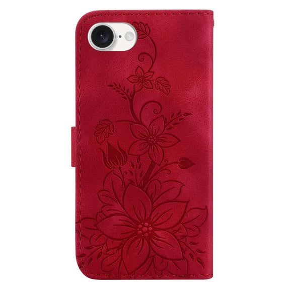 For iPhone 16e Lily Embossed Leather Phone Case(Red)
