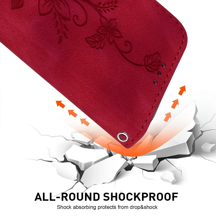 For iPhone 16e Lily Embossed Leather Phone Case(Red)