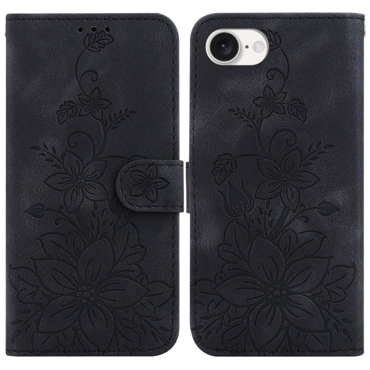 For iPhone 16e Lily Embossed Leather Phone Case(Black)