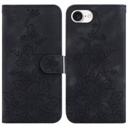 For iPhone 16e Lily Embossed Leather Phone Case(Black)