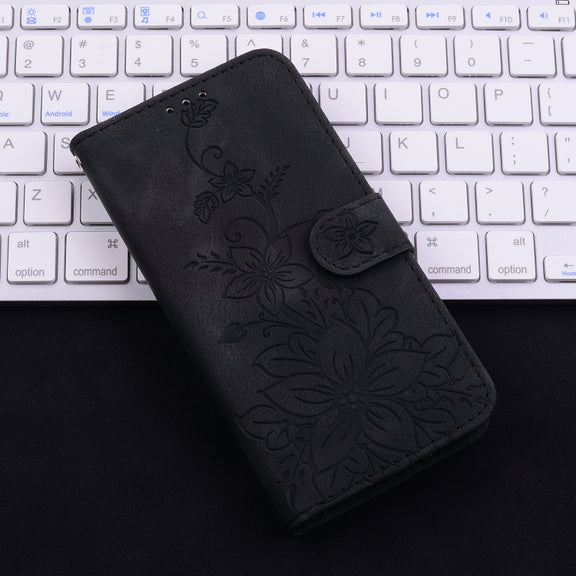 For iPhone 16e Lily Embossed Leather Phone Case(Black)