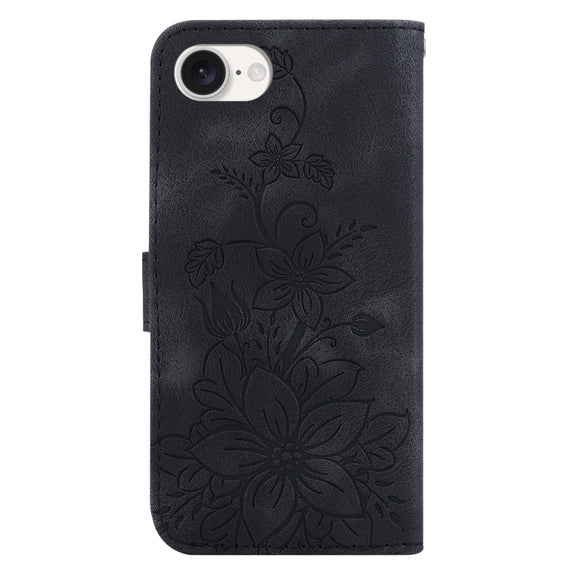 For iPhone 16e Lily Embossed Leather Phone Case(Black)