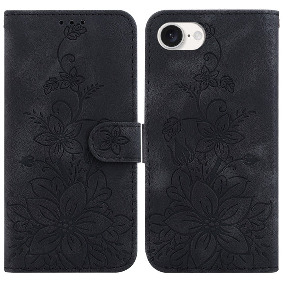 For iPhone 16e Lily Embossed Leather Phone Case(Black)