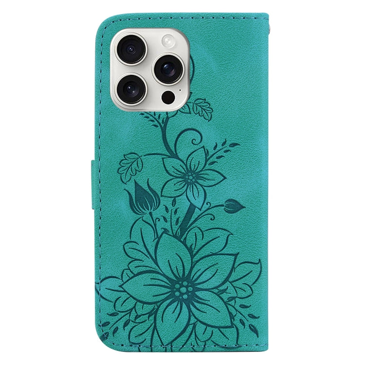 For iPhone 16 Pro Max Lily Embossed Leather Phone Case(Green)