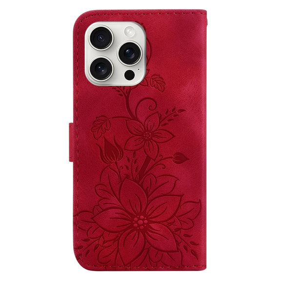 For iPhone 16 Pro Lily Embossed Leather Phone Case(Red)