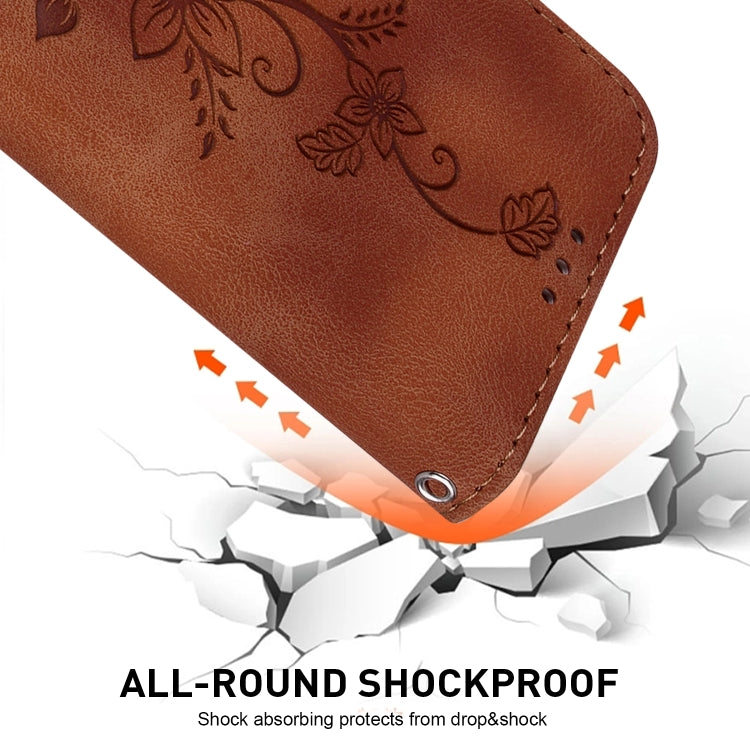 For iPhone 16 Plus Lily Embossed Leather Phone Case(Brown)