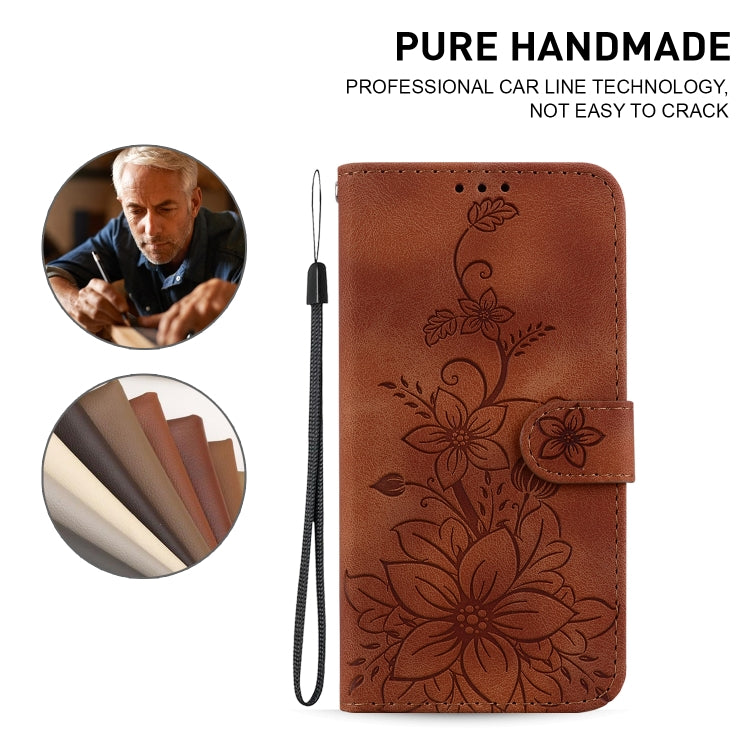 For iPhone 16 Plus Lily Embossed Leather Phone Case(Brown)