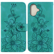 For iPhone 16 Lily Embossed Leather Phone Case(Green)