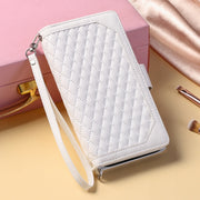 For iPhone 16 Pro Grid Texture Zipper Leather Phone Case with Lanyard(White)