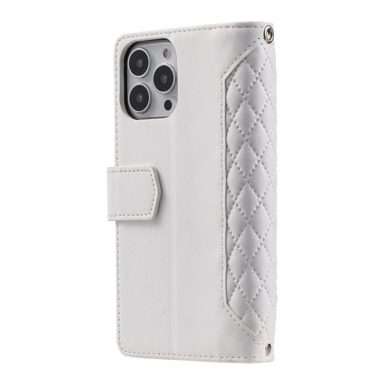 For iPhone 16 Pro Grid Texture Zipper Leather Phone Case with Lanyard(White)