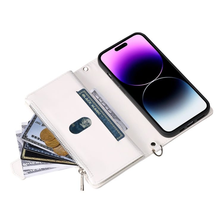 For iPhone 16 Pro Grid Texture Zipper Leather Phone Case with Lanyard(White)