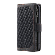 For iPhone 16 Plus Grid Texture Zipper Leather Phone Case with Lanyard(Black)