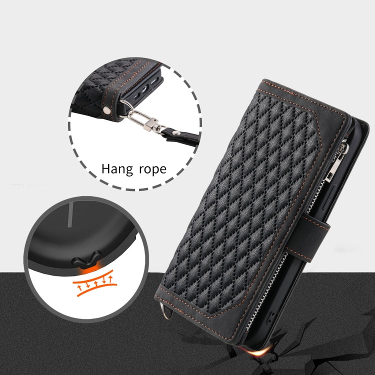 For iPhone 16 Plus Grid Texture Zipper Leather Phone Case with Lanyard(Black)