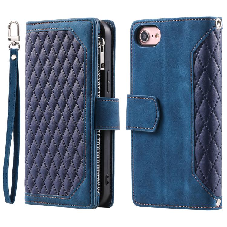 For iPhone 16e Grid Texture Zipper Leather Phone Case with Lanyard(Blue)