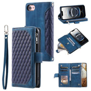 For iPhone 16e Grid Texture Zipper Leather Phone Case with Lanyard(Blue)