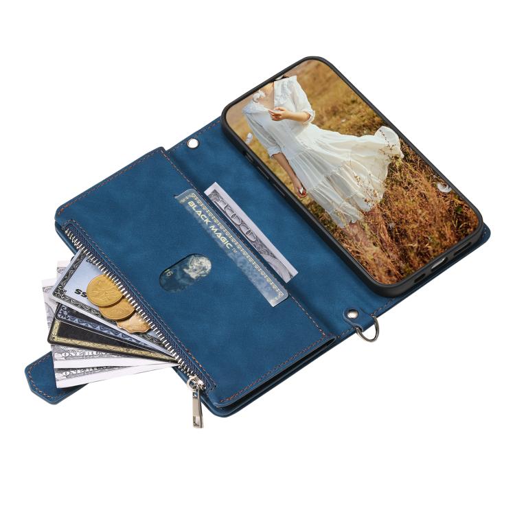 For iPhone 16e Grid Texture Zipper Leather Phone Case with Lanyard(Blue)