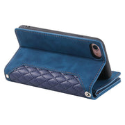 For iPhone 16e Grid Texture Zipper Leather Phone Case with Lanyard(Blue)